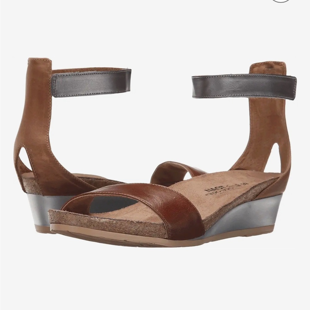 Naot Brown and Silver Leather Wedge Sandals